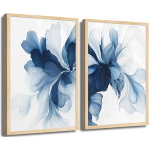 2Pcs Unframed Navy Blue Abstract Wall Art Modern Minimalist Floral Poster Prints Grace Flower Wall Decor Pictures for Living Room Bedroom Office Decorations