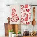 Cat Kitchen Towels Set of 2, Cat Gifts for Women, Red Hearts Floral Hand Towel for Bathroom, Vintage Red and White Kitten Decorative Hand Tea Dish Towels for Kitchen Decor 16x24in