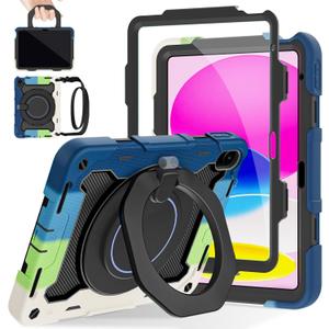 ROISKIN Case for iPad (A16) 11th Generation 11 Inch 2025, iPad 10th Generation Case 10.9" for Kids with Screen Protector,360 Kickstand & Handle,Shoulder Strap,Heavy Duty Military Grade Drop Protection (No Pen Holder, Black-Blue)