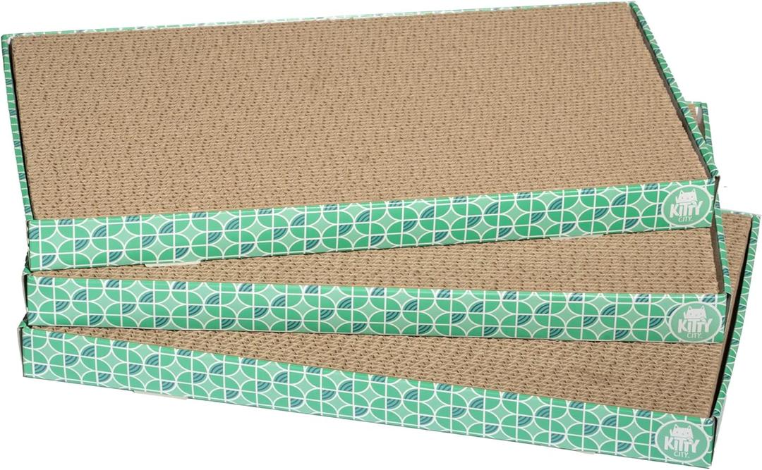 Kitty City XL Wide Corrugate Cat Scratchers 3 Pieces, Cat Scratching, Cat Scratch Pad, Door Clips, Furniture Protectors from Cat Scratching (XL 3-Pack Geometric Print (Mint))