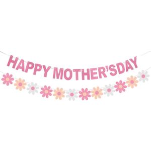 Happy Mother's Day Decorations Banner - NO DIY - Pink Glitter Mothers Day Party Supplies Photo Backdrops