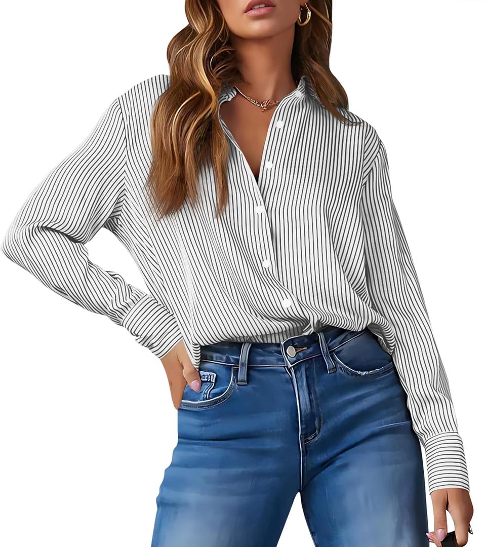 OMSJ Womens Striped Button Down Shirts Casual Long Sleeve Stylish Collared Office Work Blouses Tops (Small, Black)