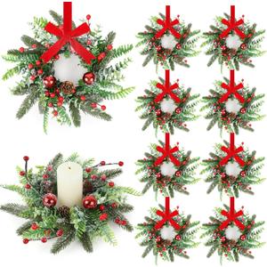 8 Pcs Christmas Candle Rings Wreaths Artificial Snowy Pine Cedar Red Berry Clusters Candle Rings Wreaths Mini Christmas Balls Wreath for Xmas Winter Front Door Window Decorations