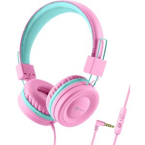 iClever Kids Headphones with Microphone for School - 85dB/94dB Volume Control, Wired Headphones for Kids Girls Boys, Adjustable Foldable On-Ear Headphones for Online Learning/iPad/Tablet/Travel, Pink