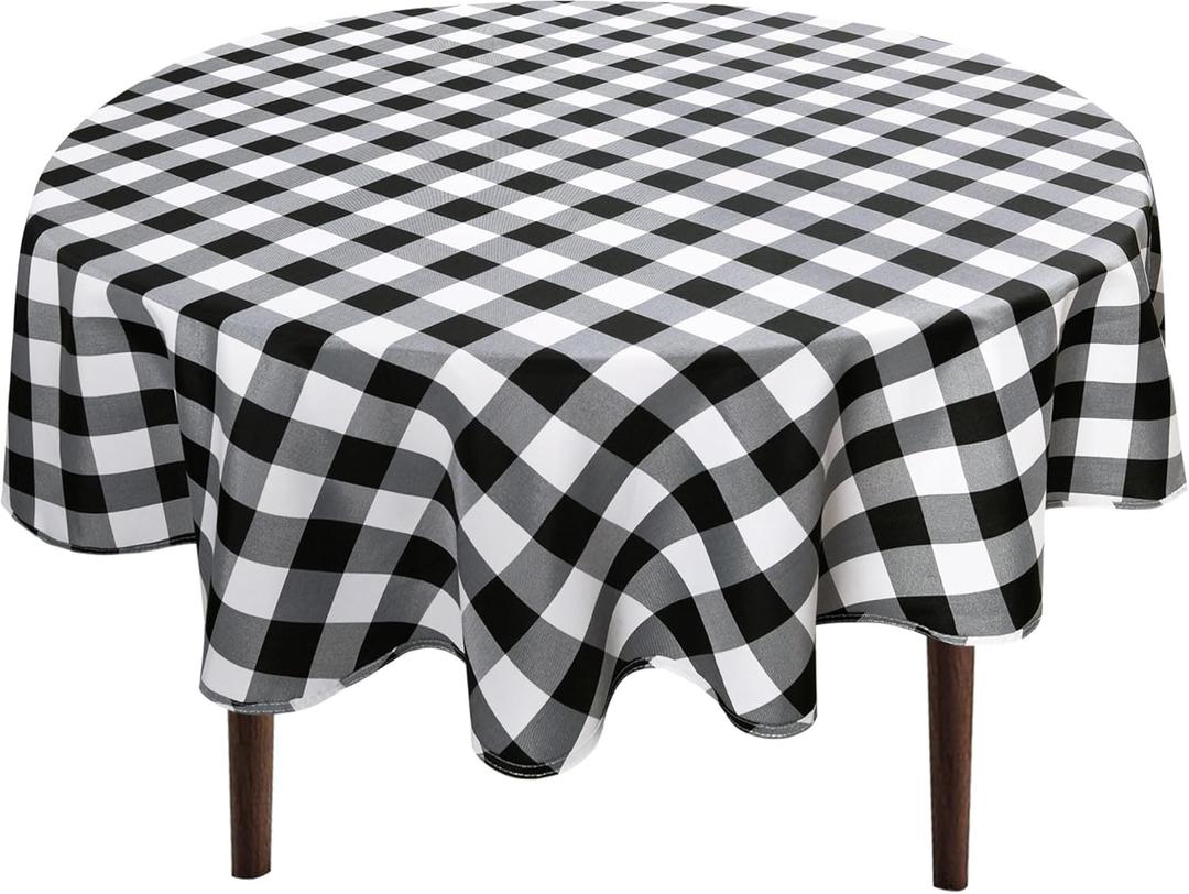 Hiasan Checkered Round Tablecloth 60 Inch - Waterproof Stain and Wrinkle Resistant Washable Fabric Table Cloth for Dining Room Party Outdoor Picnic, Black and White