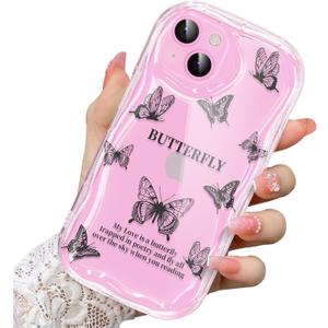 2 x Compatible for iPhone 14 Case, Pretty Butterfly Print Three-Dimensional Wave Clear Case for Girls Women, Soft Full Package Anti-Fall Cover for iPhone 14, Shadow Dance Black