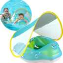 Free Swimming Baby Infant Pool Float with Sun Canopy Inflatable Baby Swimming Floatie with Sponge Safety Bottom Support Water Toys Swimming Trainer (Blue, Large)