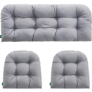 Outdoor/Indoor All Weather Tufted Wicker Chair Cushions of 3 Pieces, 1 Loveseat and 2 U-Shape Waterproof Cushions for Patio Furniture,Wicker Loveseat,Bench-Grey