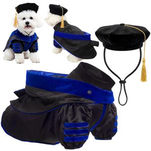 Huhumy 3 Pcs Dog Cat Graduation Doctoral Costume Set, 2026 Pet Phd Graduation Cap and Deluxe Doctoral Gown with Hood Side Tam Puppy Kitty Dogs Grad Holiday Party Costume Accessory(Royal Blue,M)