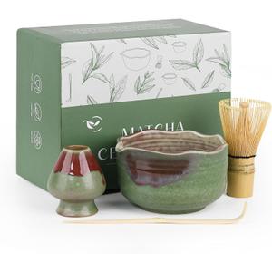Pottery Matcha Set - Japanese Handcrafted Matcha Tea Bowl Mineral Glaze Bowl with Spout, Bamboo Whisk, Scoop & Chasen Holder | 4pc Tea Ceremony Kit for Matcha Lovers (Forest Glow)