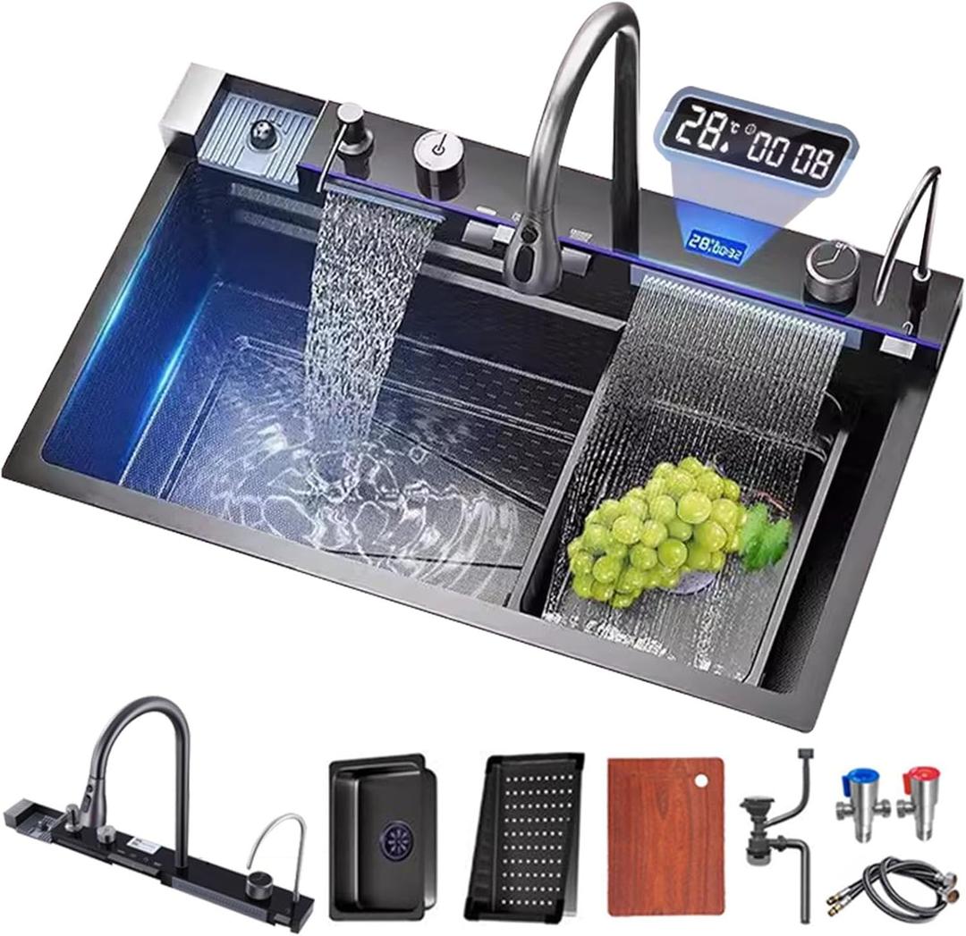 Kitchen sink double waterfall sink with LED display with cup washer, soap dispenser, waterfall mixer, worktop controller, etc. workstation kitchen sink (Gun grey, 29.5 * 18.1 * 8.7 IN)