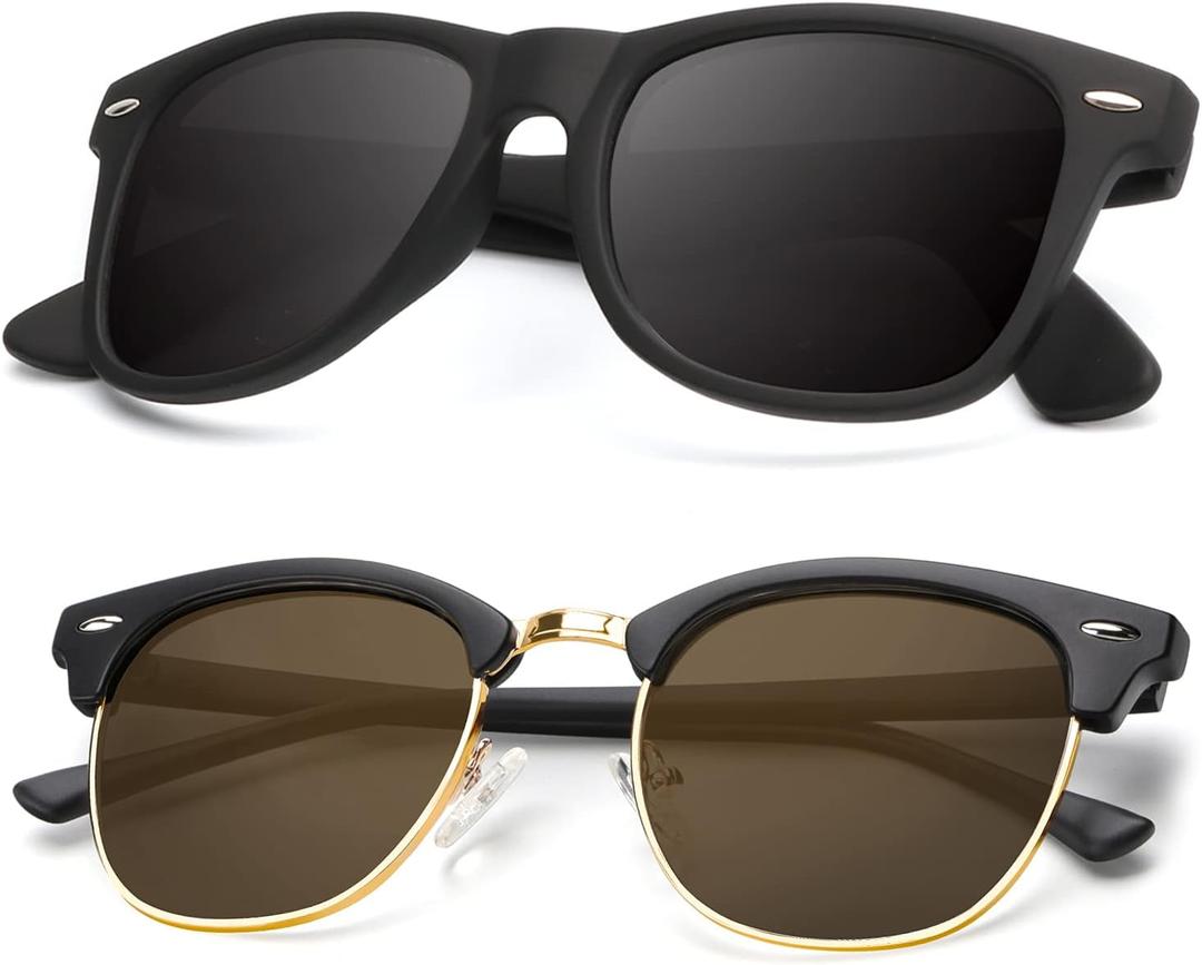 KALIYADI Polarized Sunglasses for Men and Women Semi-Rimless Frame Driving Sun glasses UV Blocking (B06-(2 Pack) Matte Black | Brown | Golden Rim / Matte Black)