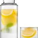 Bedside Water Carafe and Glass Set, Classic Vertical-Striped 27oz Glass Carafe with 7.1oz Tumbler Lid, Nightstand Water Pitcher, Bathroom Mouthwash Dispenser, Elegant Gift for Home & Office