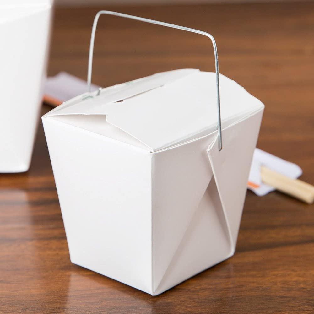 White Chinese Asian Paper Take Out Box with Wire Handle, Leak and Grease Resistant Stackable to Go Boxes (50, 8 OZ)