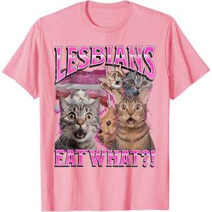 Lesbians Eat What?! Funny Cat Gay Pride LGBTQ Pun T-Shirt (Small, Pink)