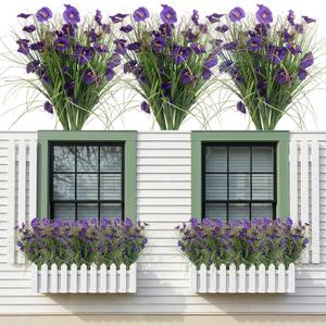 12 Bundles Artificial Flowers for Outdoor, Faux Silk Morning Glory Spring Summer Flowers for Outside Garden Planter Front Porch Yard Patio Window Box & Indoor Table Vase Home DecorPurple
