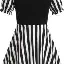 IBAKOM Women Cow Print Halloween Dress with Headpiece Bow Tie Red Plaid Puffy Sleeve Suspender Milk Maid Overall Dress (Black, S)