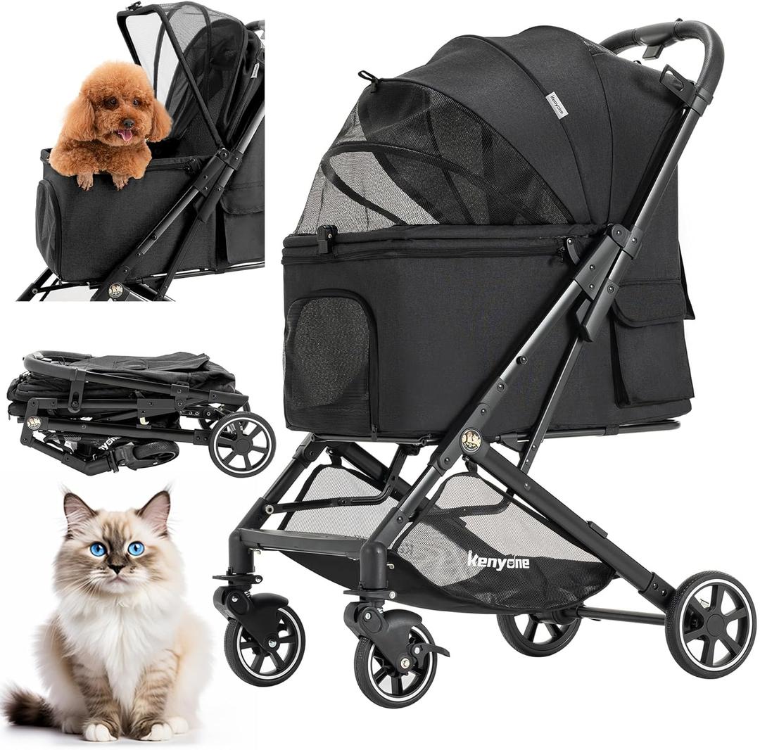 Kenyone Medium Dog Stroller, Kenyone Pet Stroller for Medium Dogs Up to 55lbs, Lightweight Aluminum Frame, One Click Folding, Large Cat Stroller with No Zip Entry, Detachable Mesh, Multiple Pockets (Black)