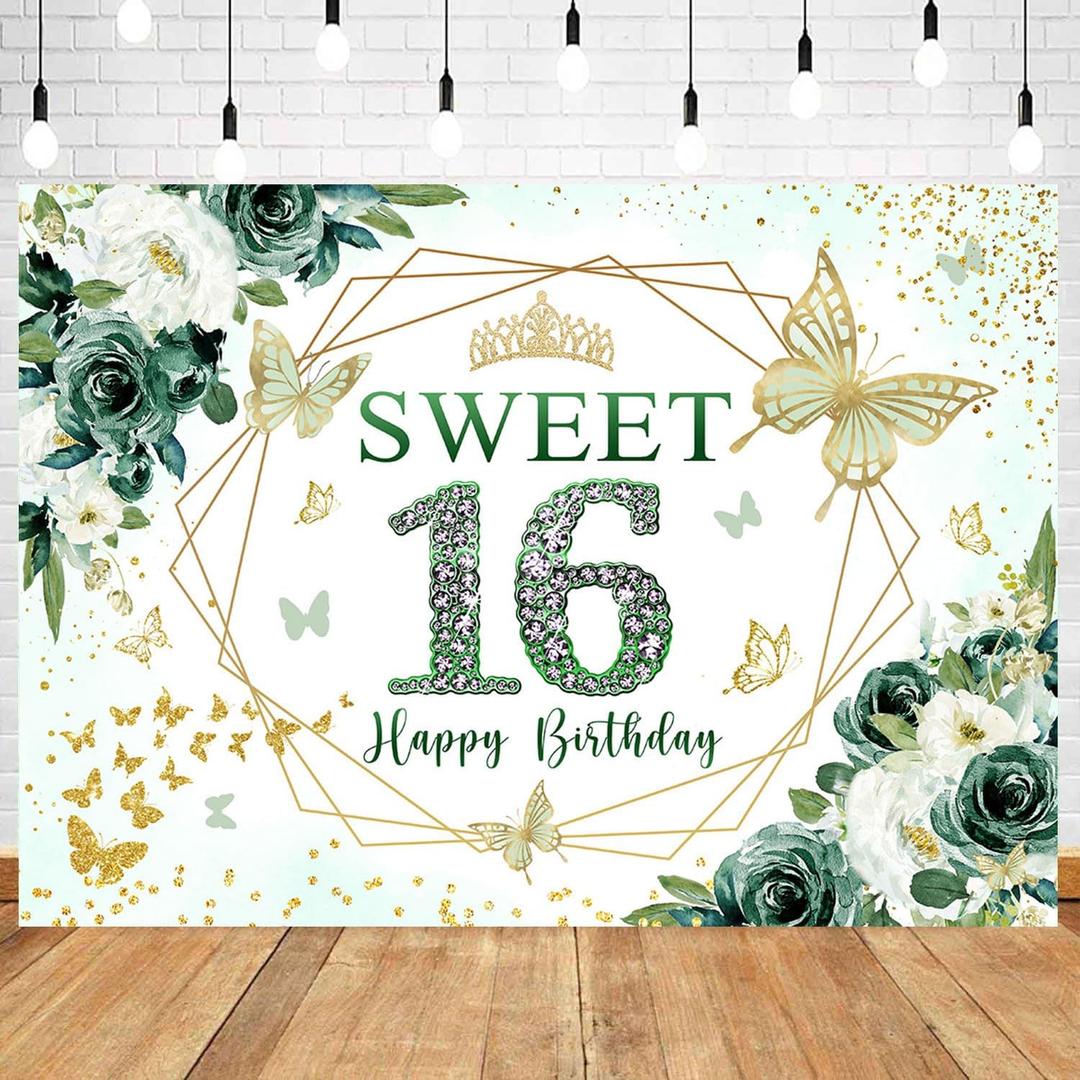 InMemory Sweet 16 Birthday Backdrop Floral Green Roses Glitter Gold Butterfly Princess Girls Sixteen 16th Birthday Theme Party Decoration Banner Bday Cake Table Background 8x6ft