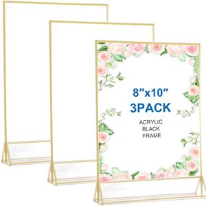 3 Pack Gold Acrylic Sign Holder 8X10 Double Sided Picture Frame Gold Borders Clear Display Stands for Table Numbers, Menus, Photos, Weddings, Parties, Restaurants
