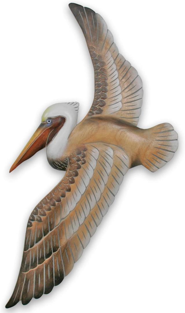 T.I. Design Hand-carved Wood Flying Pelican | Coastal Nautical Beach Wall Dcor Natural Wood Finish