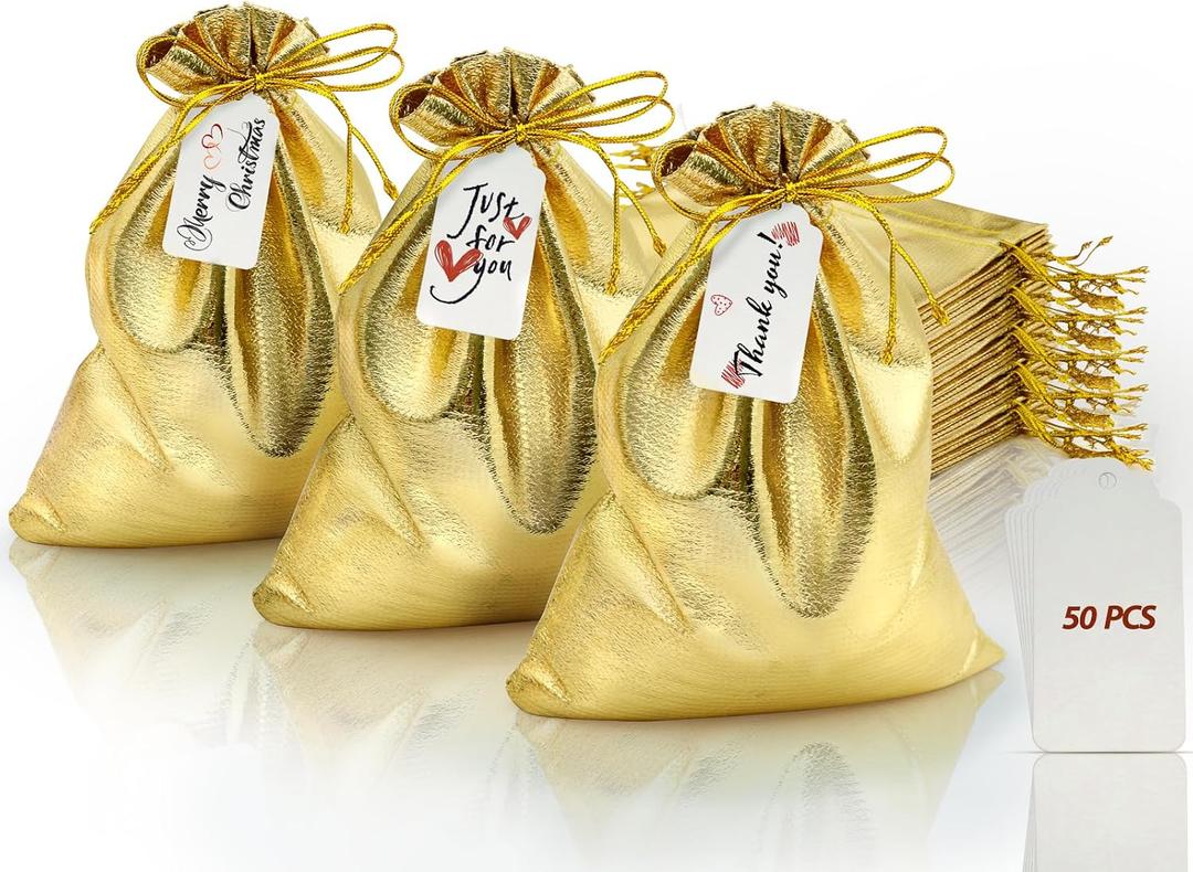 DOYIDE 50Pcs Gold Drawstring Gift Bags, 8x12in Jewelry Bags Drawstring Pouches, Shiny Wedding Party Favor Bags, Sachet Bags Empty for Birthday Party Christmas Baby Shower Candy Favors