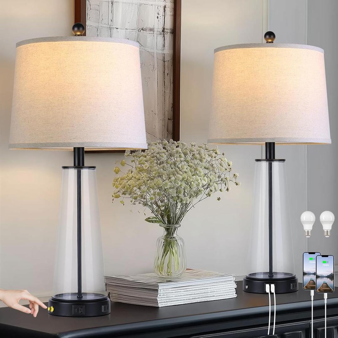 26" Glass Table Lamp Set of 2 with USB C+A Ports and AC Outlet, 3 Way Touch Modern Bedside Lamps for Night Stands, Black Nightstand Lamps for Bedroom Living Room