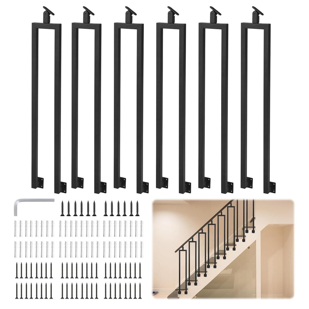 6 Pack U Shape 38.6" Stair Balusters with Adjustable Top Bracket for Staircase Interior, Side Mount Wrought Iron Balusters for Stair Handrail Porch Deck Railing Outdoor Steps