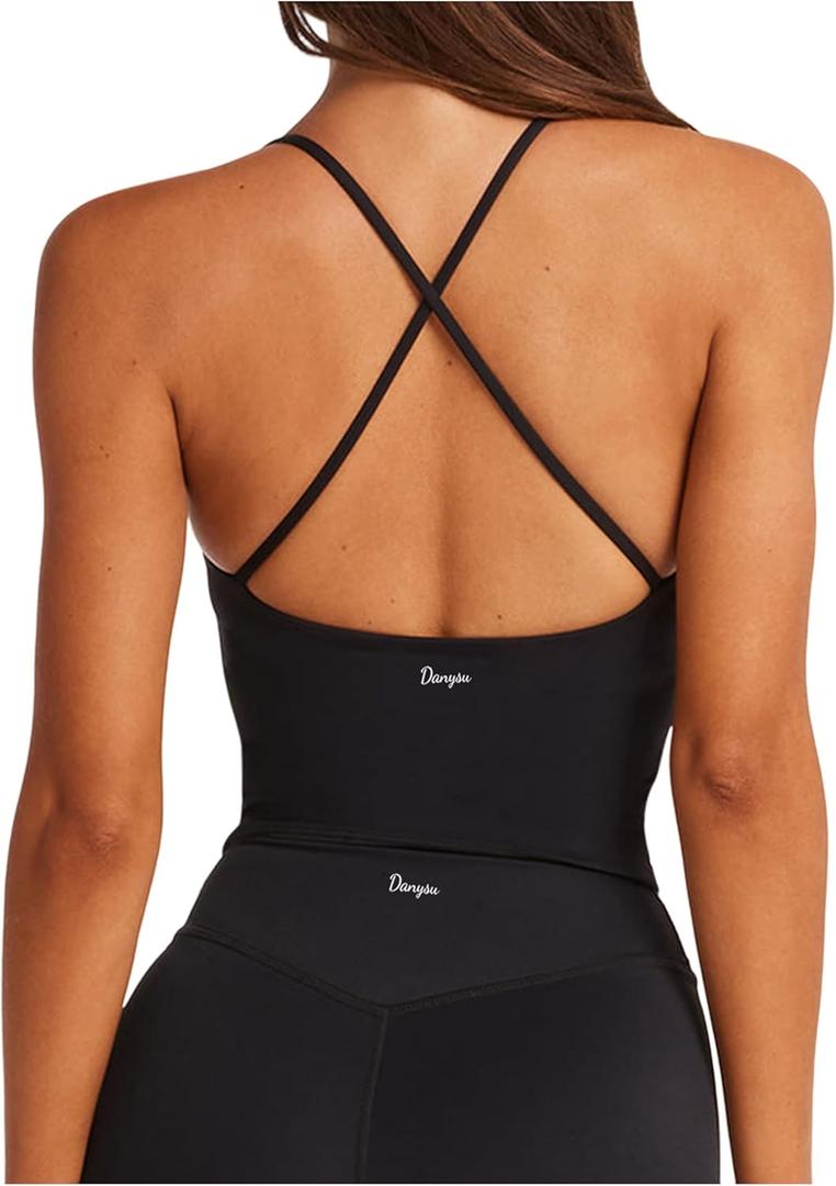 Danysu Sculpt Workout Tank Tops Women Backless Longline Sports Bras Strappy Padded Yoga Top (Medium, #2.scoop Neck Black)