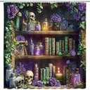 Gothic Skull Shower Curtain Vintage Withcy Spooky Retro Wizard Magic Bookshelf Purple Floral Unique Green Plant Mysterious Bathroom Decor Polyester Curtains with Hooks,70Wx70L