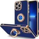 Hython for iPhone 13 Pro Max Case with Ring Stand [360Rotatable Ring Holder Magnetic Kickstand] [Plated Rose Gold Edge] Slim Soft TPU Cover Luxury Protective Phone Case for Women Men, Blue