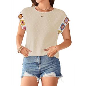 Womens Summer Tops 2025 Boho Tops for Women Color Crew Neck Short Sleeve Casual Blouse (Beige, L)