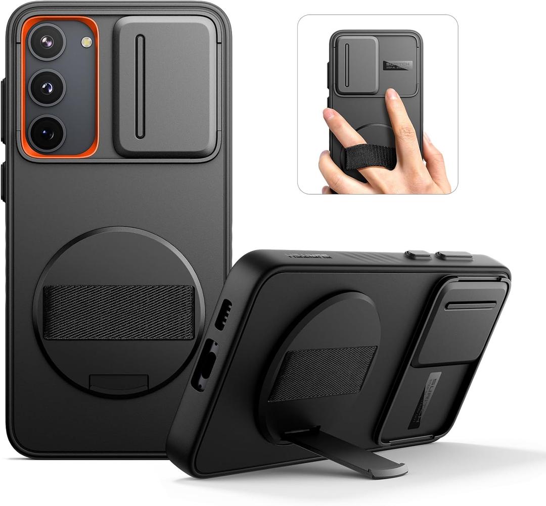 SURITCH for Samsung Galaxy S23+ Plus Case with 360° Rotatable Hand Strap Phone Grip & Invisible Kickstand & Slide Camera Cover, Rugged Shockproof Protective Cover for S23+ -Black