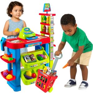 Supermarket Playset for Kids Grocery Store Pretend Play with Toy Shopping Cart, Cash Register, Scanner & Play Food Accessories Fun Gift for Ages 3+