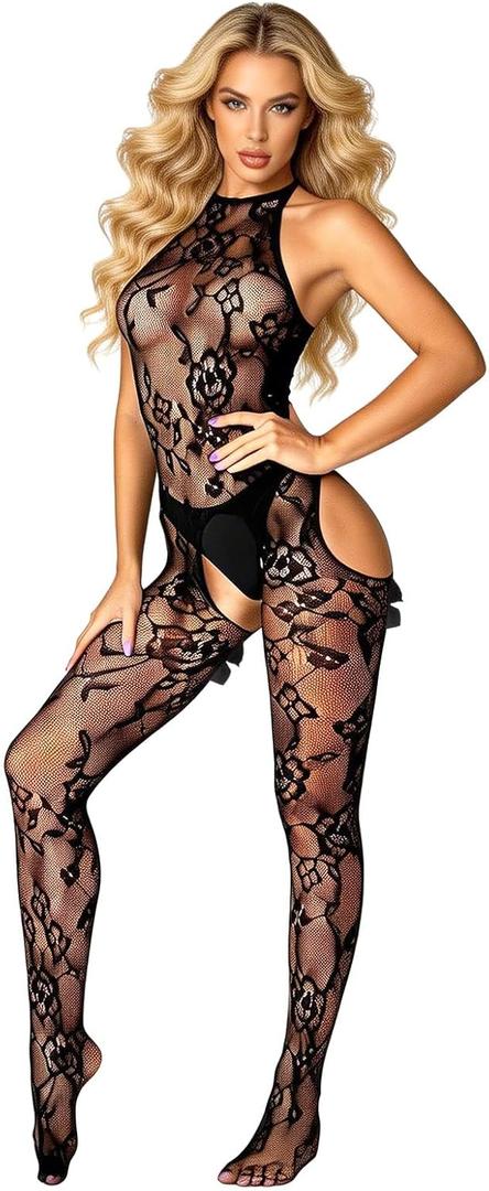 Backless Bodystocking Tights Womens Fishnet Bodysuit, Rave Outfits, Soft Floral Nightwear Lingerie Full Body Bodysuits Cutout Spaghetti Strap Hollow One Size (Black) (Black)