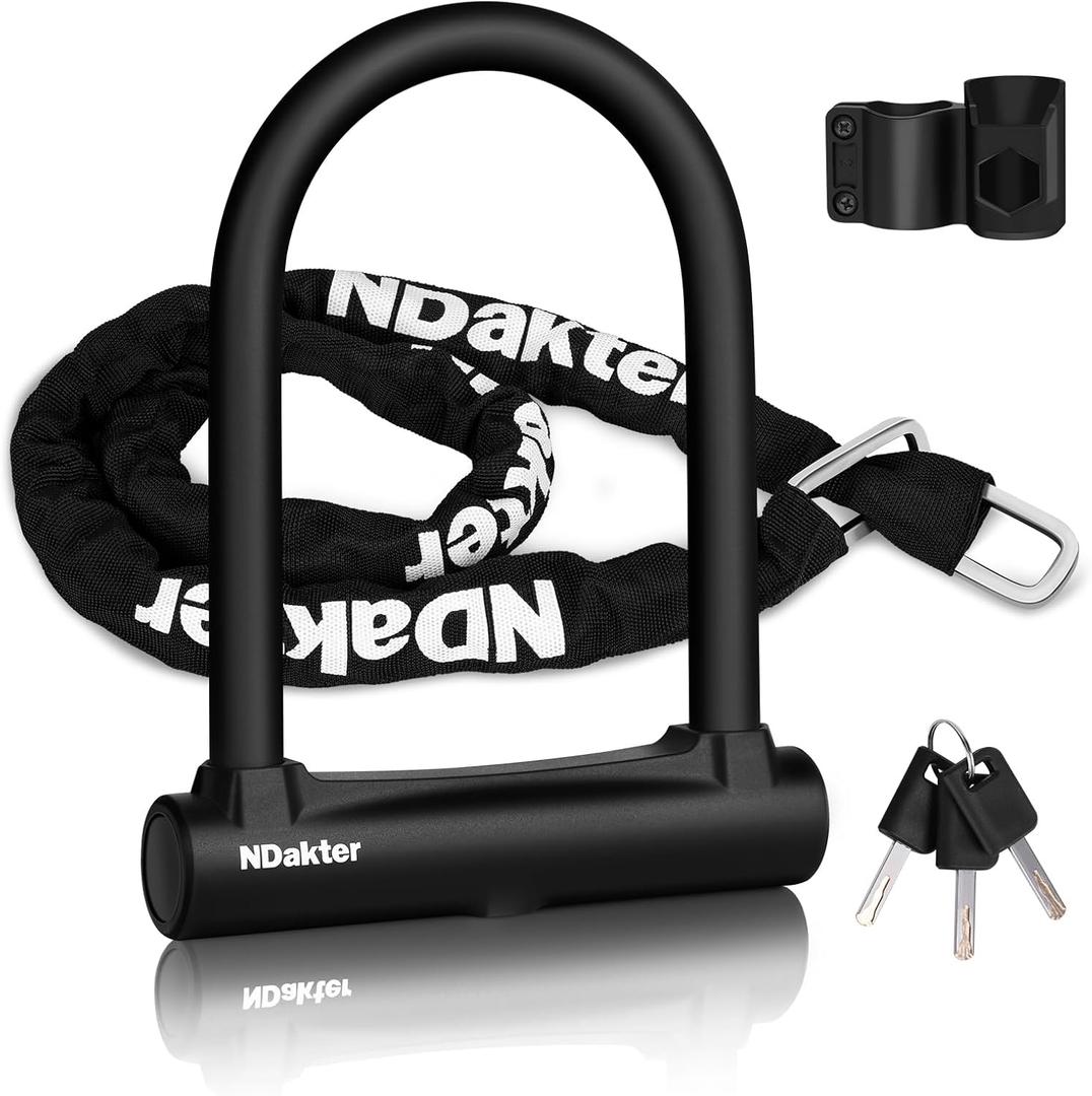 NDakter Bike Locks, 17mm Heavy Duty Anti Theft, Bike U Lock with 4FT Chain and Bracket, Electric Bicycle Lock for Scooter, 3 Keys Motorcycle Wheel Lock for Ebike, Moped, Tricycle (SHORT)
