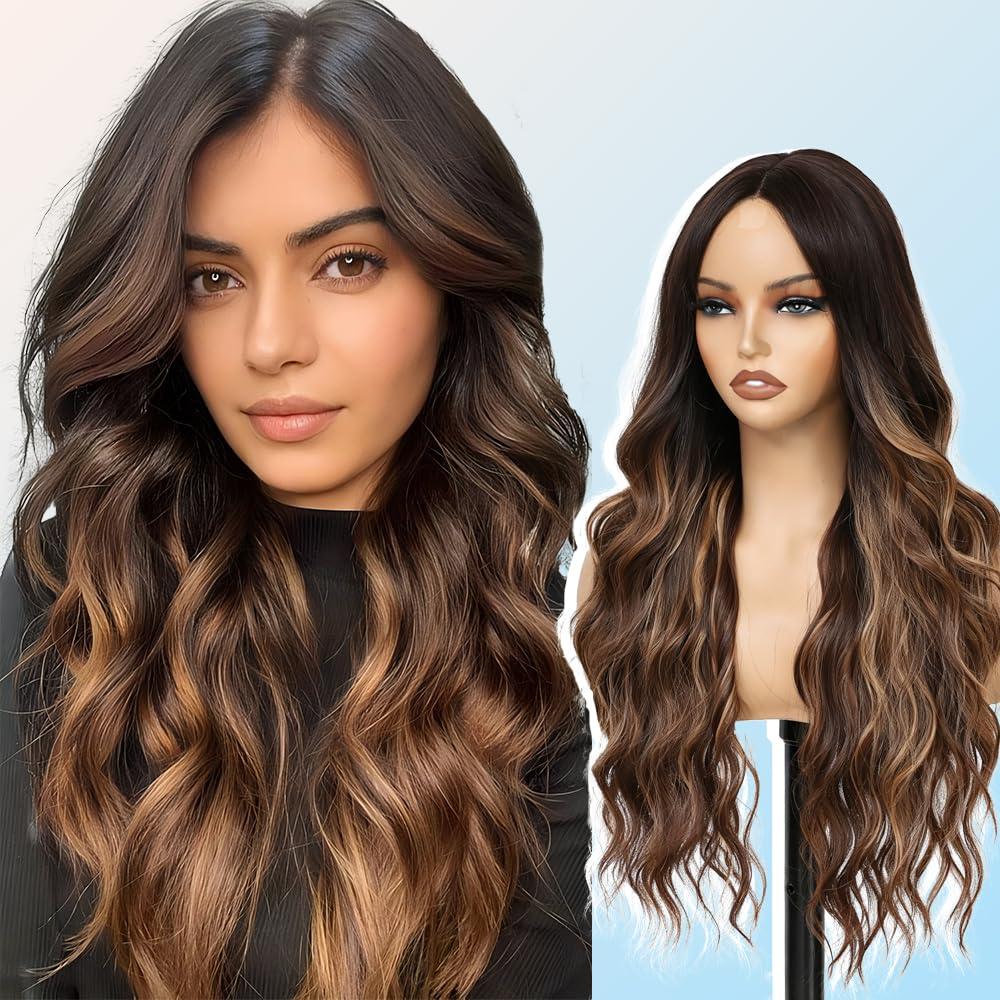 HMHIFI Brown Mixed Blonde Wig for Women Highlighted Long Blonde Wavy Curly Hair Wigs Synthetic Hair Replacement Wig Heat Resistant Hair Wig for Daily Party Use, 26"