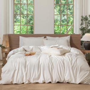 MooMee Striped Duvet Cover Set 100% Washed Cotton Linen Like Textured Breathable Durable Soft Comfy (White Almond Milk Grey Wide Stripes, Full 80"x90")