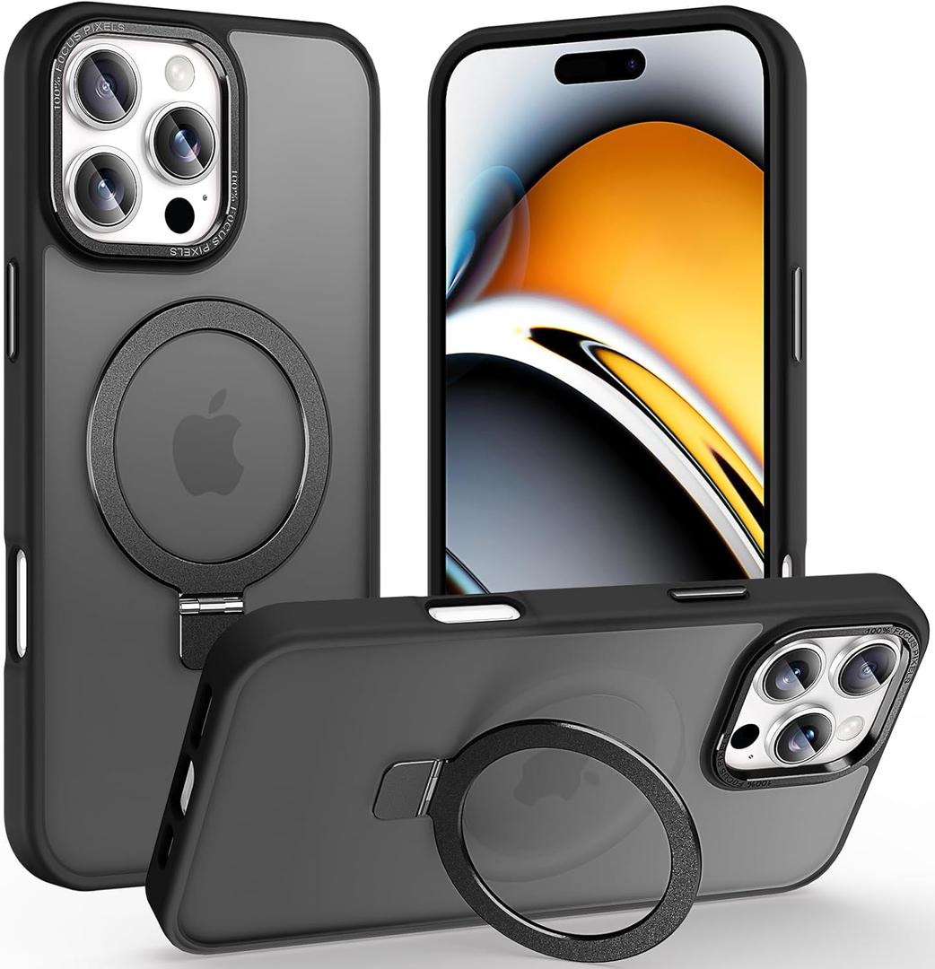 Magnetic for iPhone 16 Pro Max Case with Ring Stand, [10 FT Drop Protection] [Velvety Touch] Slim Translucent Matte Back Shockproof Phone Case for iPhone 16 Pro Max 6.9'', Space Black