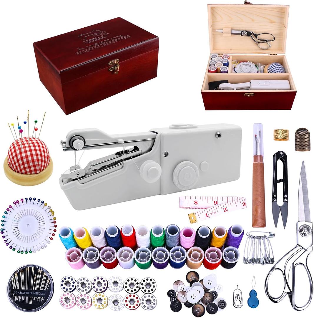 Hand Held Sewing Machine, with Red Wooden Sewing Box and 143 PCS Sewing Kit, Mini Portable Handheld Sewing Machine for Adults and Beginners, with a Power Adapter and Heavy-Duty Scissors