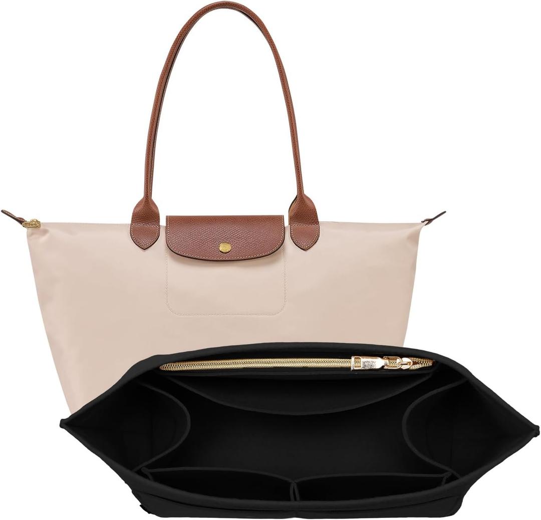OPPOSHE Purse Organizer Insert for Longchamp Le Pliage, Premium Felt Long Champ Bag Handbag Women, Tote Organizer Insert with 9 Compartments (Medium, Black) (M-10.4 x 5.7 x 7.9in)