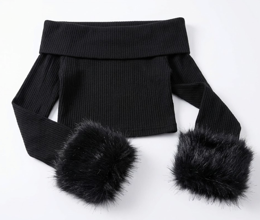 Black Off The Shoulder Long Sleeve With Fur, S