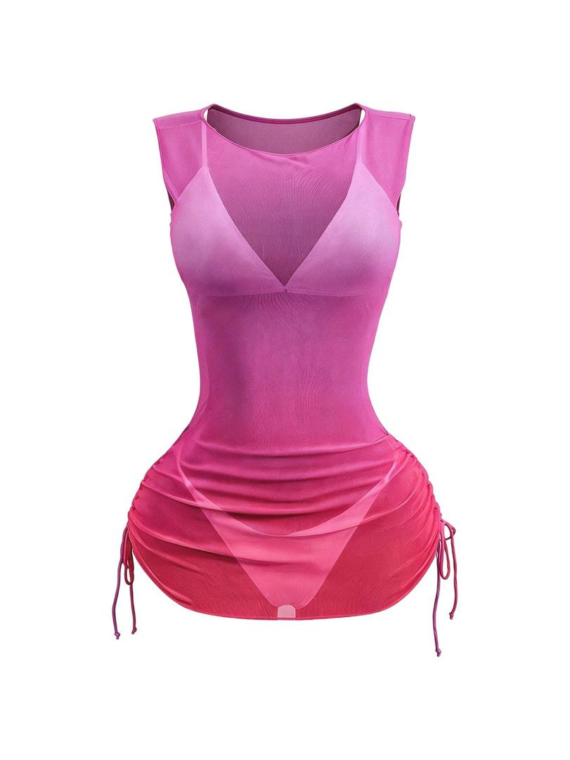 RoseSeek Women's Sheer Mesh Cover Up Dress Bodycon Side Drawstring Mini Dress Bikini Cover Ups Hot Pink Medium (M)