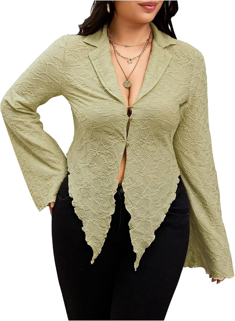 WDIRARA Women's Plus Size Lace Bell Long Sleeve Top Button Front Collared V Neck Y2K Shirts (Green, XL)