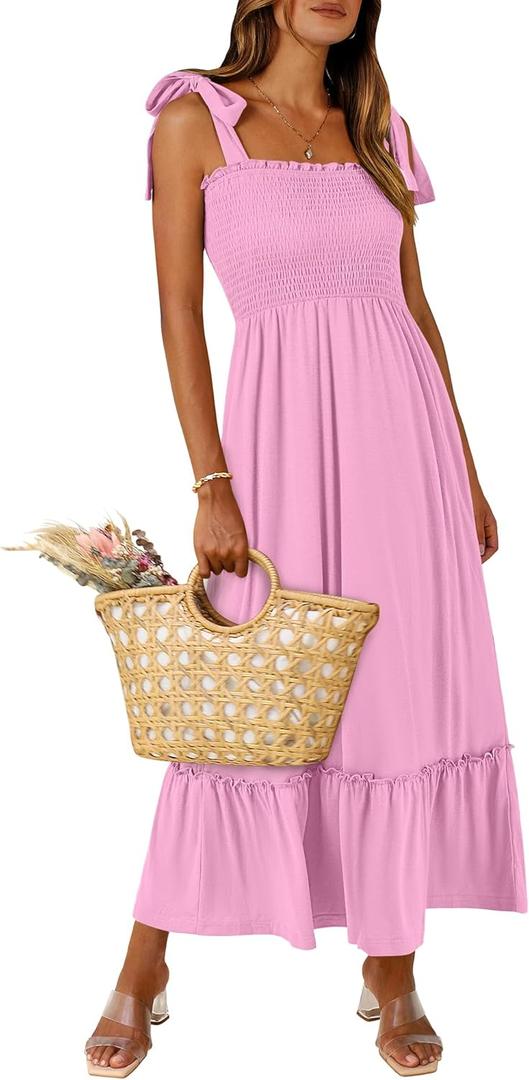 ANRABESS Women Summer Casual Strap Smocked Maxi Flowy Tiered A Line Beach Travel Sundress Wedding Guest Outfits Pink X-Large (Pink, Small)