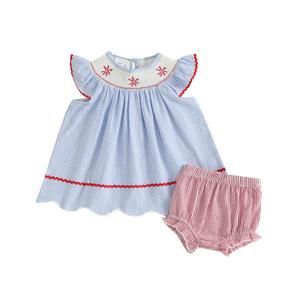 Toddler Girl Dress Baby Girl 4th of July Outfit Embroidery Flying Sleeve Dress Bloom Shorts Summer Clothes (Red Blue, 3-6 Months)