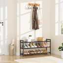 LANTEFUL Adjustable 18"-33" Expandable Shoe Rack for Closet 12 Pairs Small Spaces 3 Tier Shoe Organizer with 5 Hooks Metal Shoe Shelf for Entryway, Bedroom
