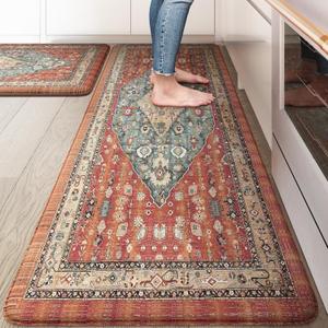 Collive Boho Kitchen Mats for Floor, Kitchen Mats Cushioned Anti Fatigue Waterproof Kitchen Rugs Sets of 2 Non-Skid Comfort Standing Mat for Kitchen, Office, Sink, Laundry, 20"x32"+20"x48"(Red) (Geometric Tribal)