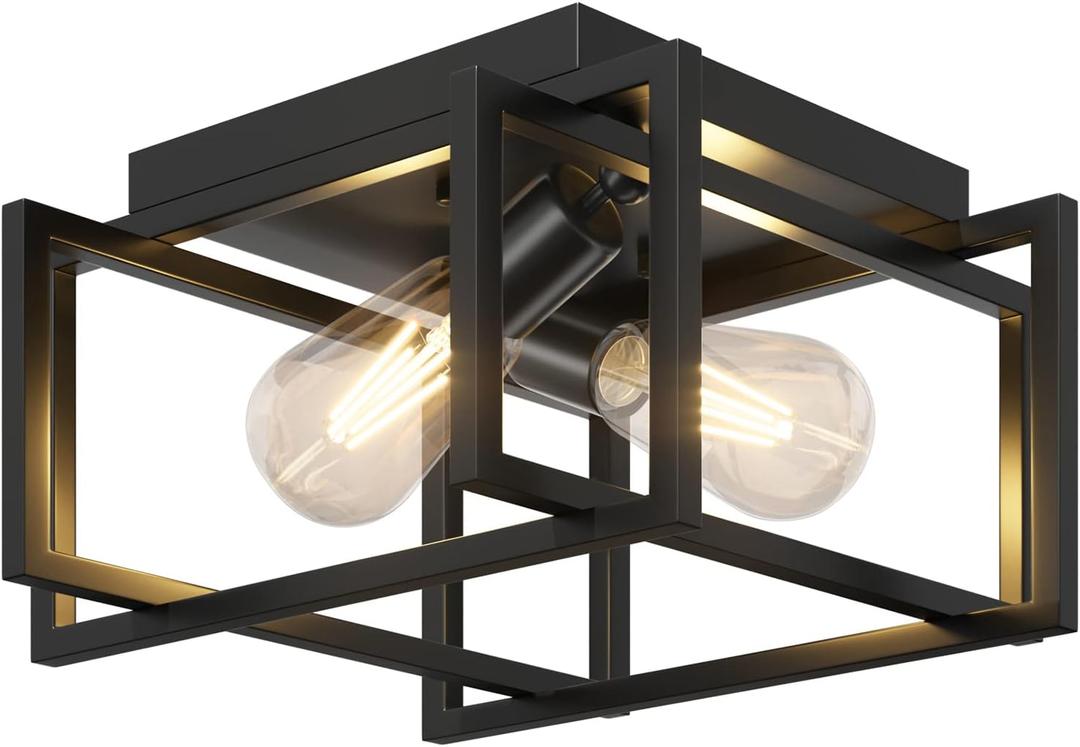 2-Light Flush Mount Ceiling Light Fixture, Industrial Black Metal Ceiling Light, Modern Rectangle Close to Ceiling Light for Hallway, Kitchen, Entryway