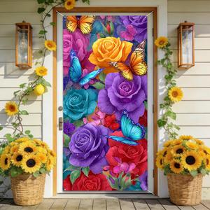 Spring Welcome Door Cover Decoration, 70.87" x 35.43" Door Banners for Front Door, Indoor and Outdoor Party Decoration, Hanging Doorway Decor for Home Entrance (rose bouquet)